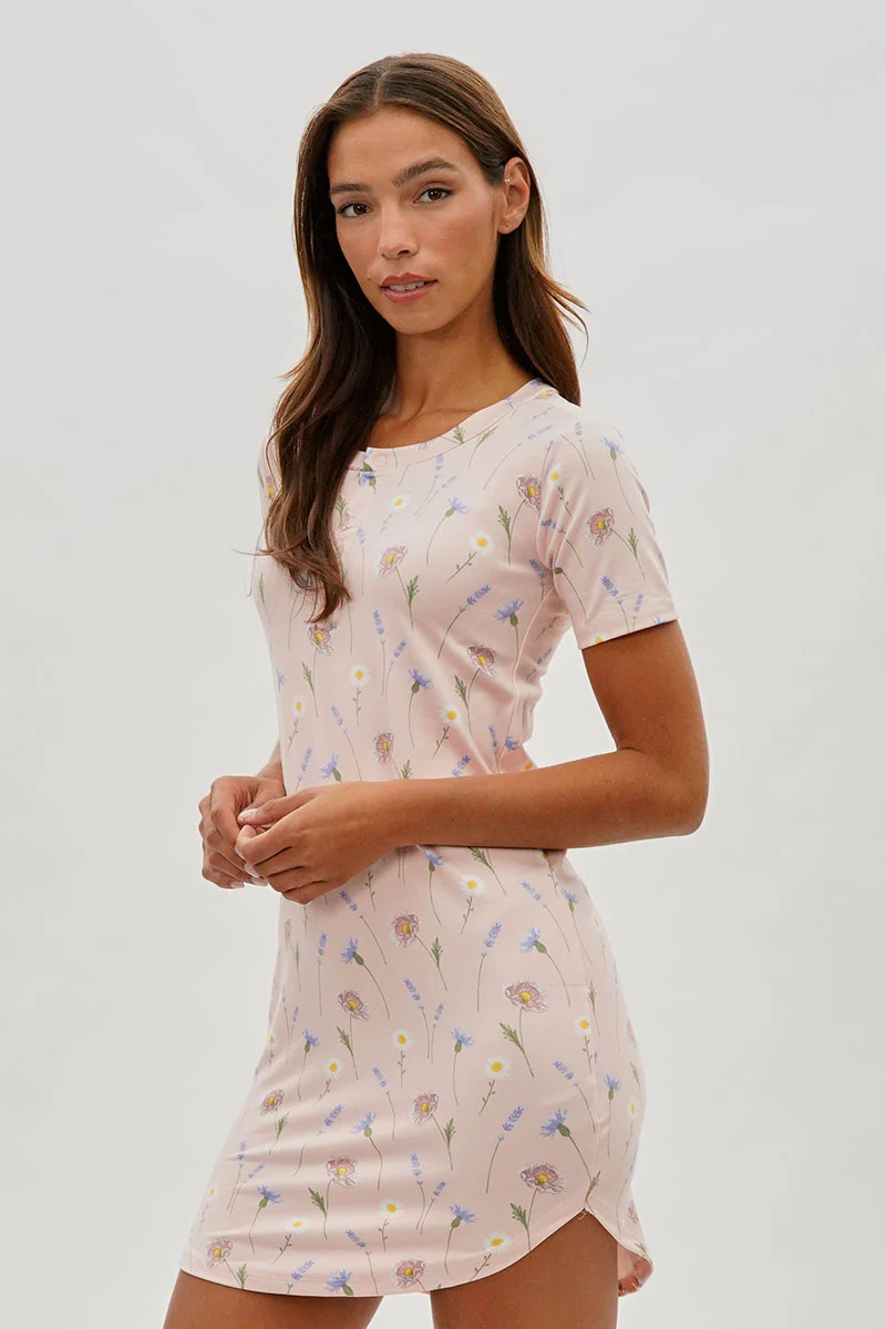 Runaway Bay Floral Short Sleeve Henley Day Dress - Pink - Image 2
