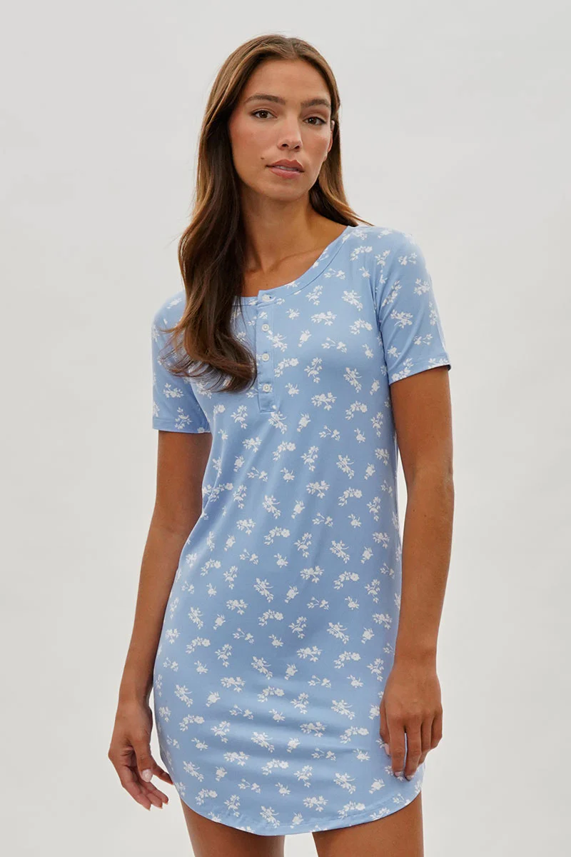Runaway Bay Floral Short Sleeve Henley Day Dress - Blue