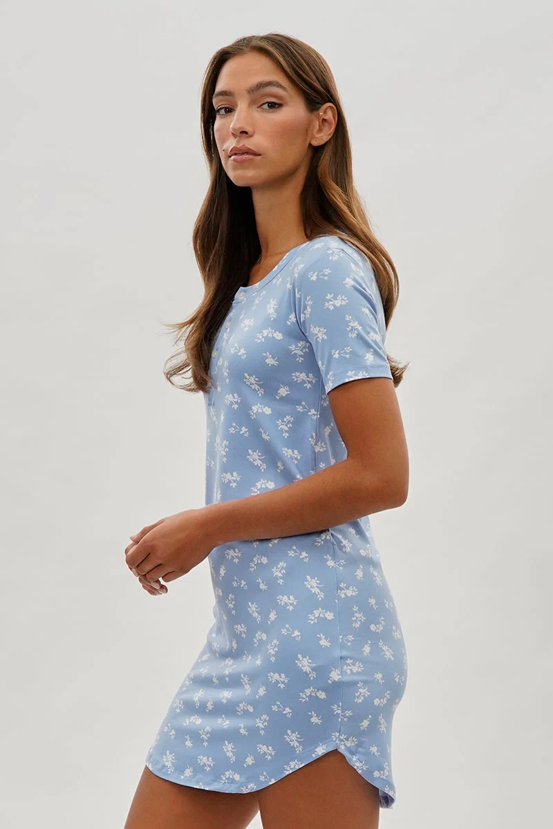 Runaway Bay Floral Short Sleeve Henley Day Dress - Blue - Image 2