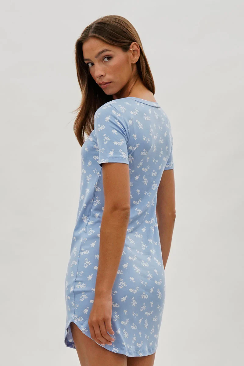 Runaway Bay Floral Short Sleeve Henley Day Dress - Blue - Image 3