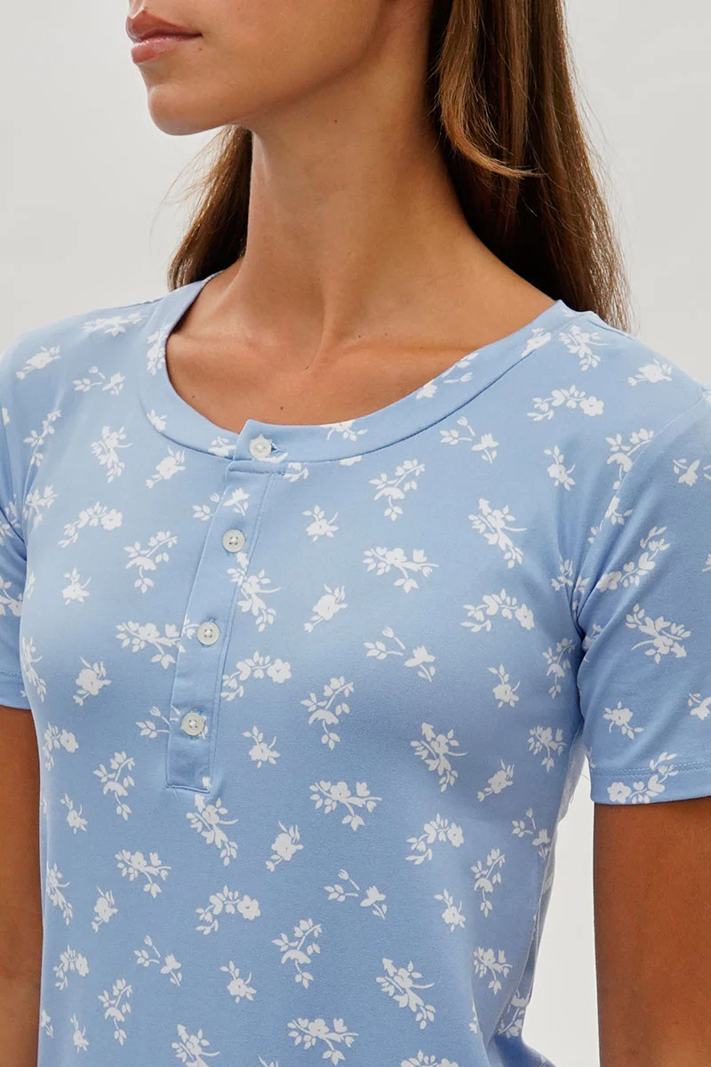 Runaway Bay Floral Short Sleeve Henley Day Dress - Blue - Image 4