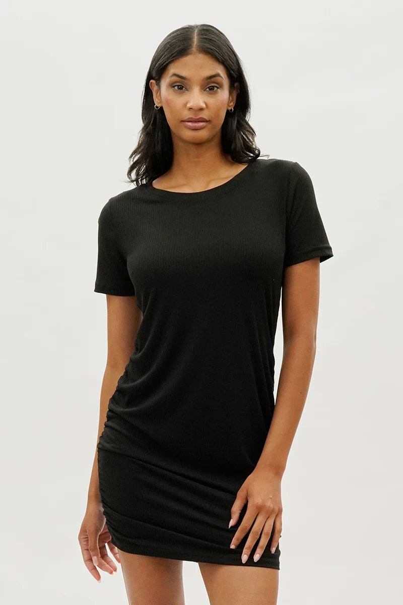 Costa Blanca Ribbed Short Sleeve Ruched Side Day Dress - Black