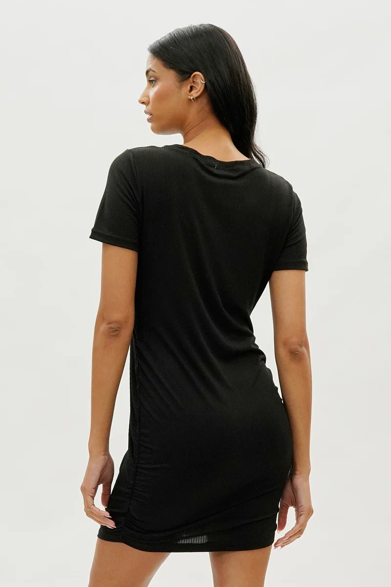 Costa Blanca Ribbed Short Sleeve Ruched Side Day Dress - Black - Image 3
