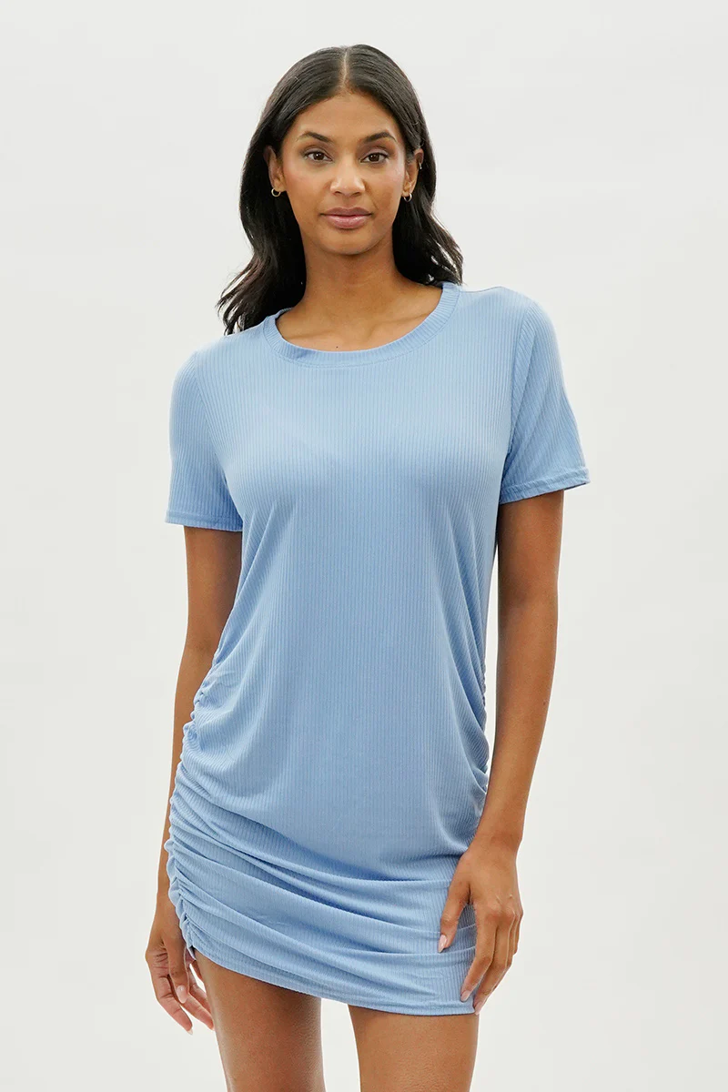 Costa Blanca Ribbed Short Sleeve Ruched Side Day Dress - Blue