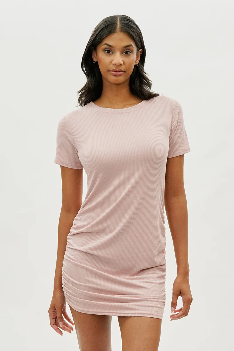 Costa Blanca Ribbed Short Sleeve Ruched Side Day Dress - Blush