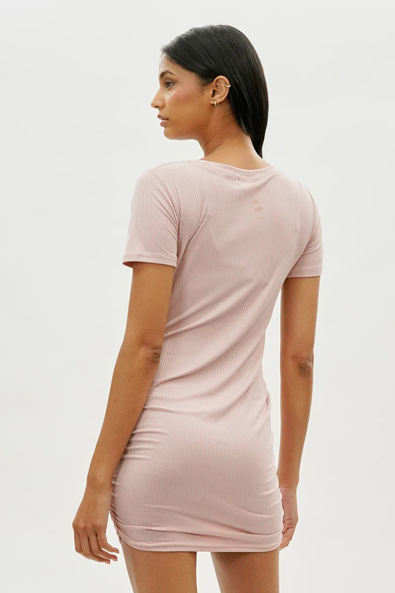 Costa Blanca Ribbed Short Sleeve Ruched Side Day Dress - Blush - Image 3