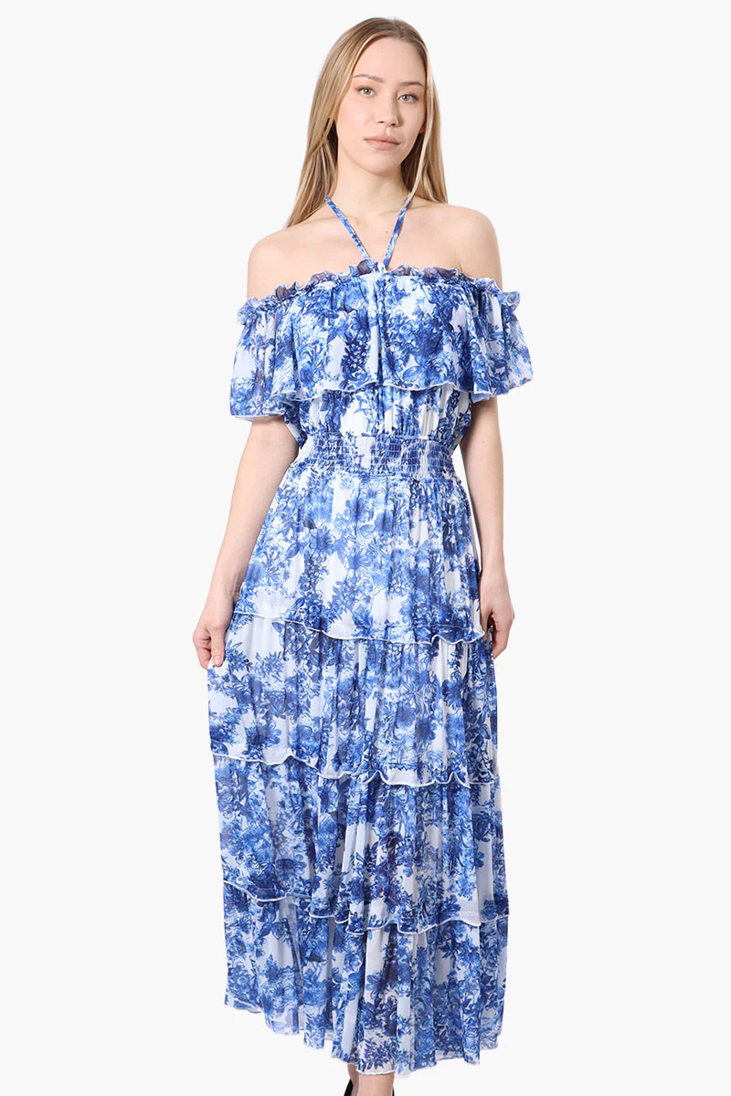 Costa Blanca Leaf Pattern Halter Strap Tiered Maxi Dress - Blue