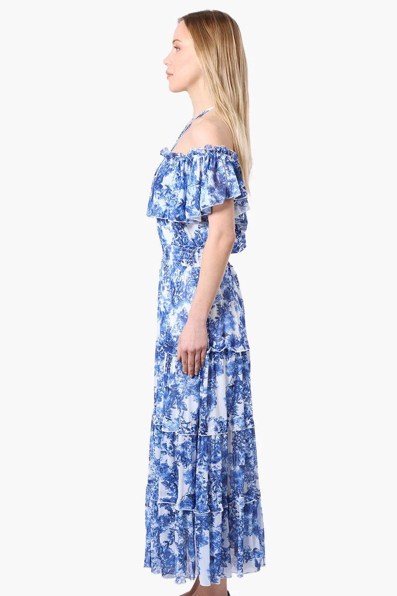 Costa Blanca Leaf Pattern Halter Strap Tiered Maxi Dress - Blue - Image 2