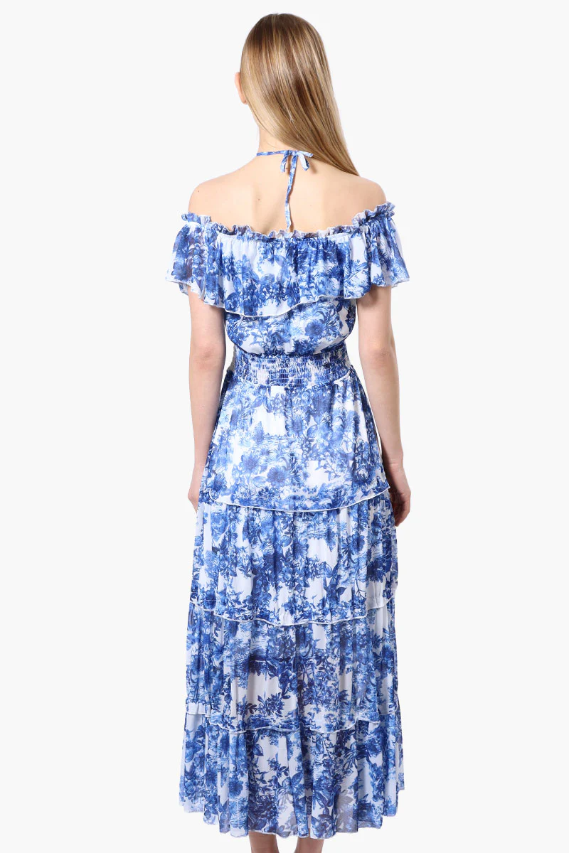 Costa Blanca Leaf Pattern Halter Strap Tiered Maxi Dress - Blue - Image 3