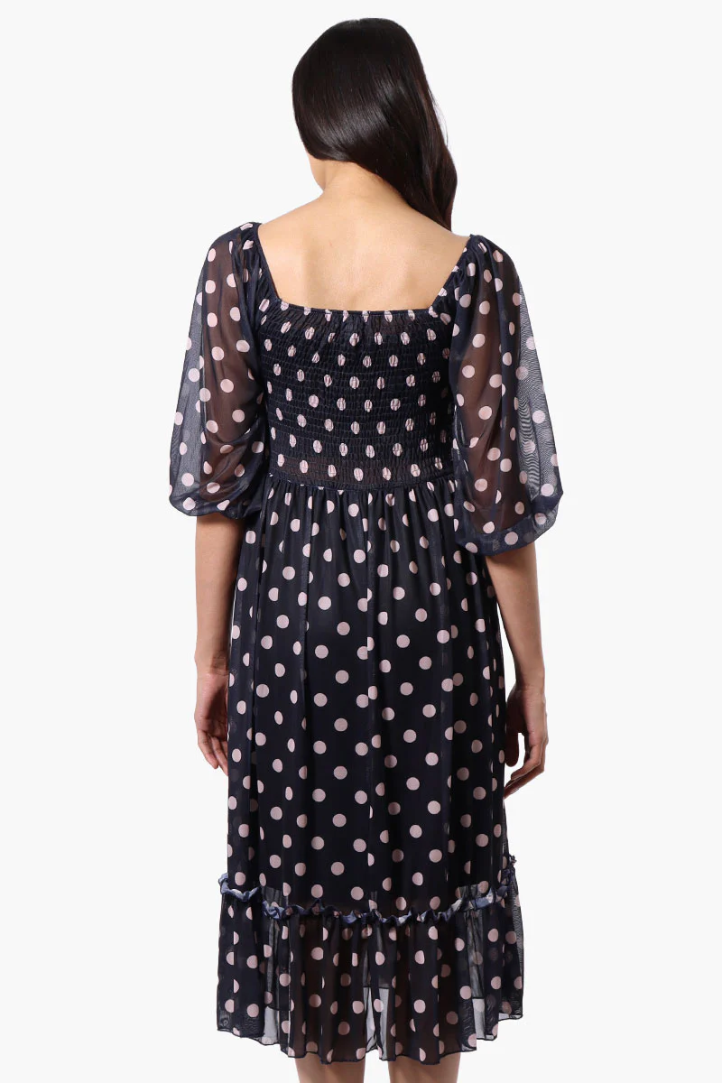 Costa Blanca Polka Dot Tiered Sheer Sleeve Midi Dress - Navy - Image 3
