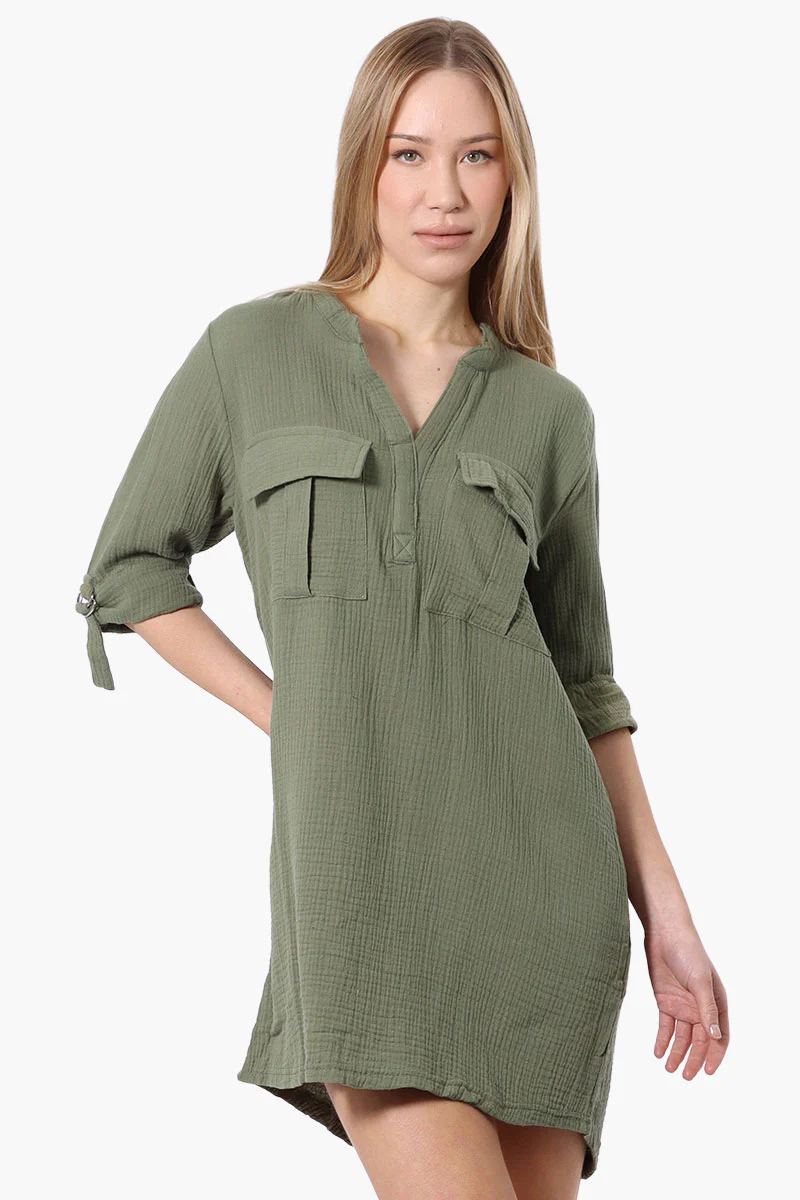 Impress Roll Up Sleeve Shirt Day Dress - Olive