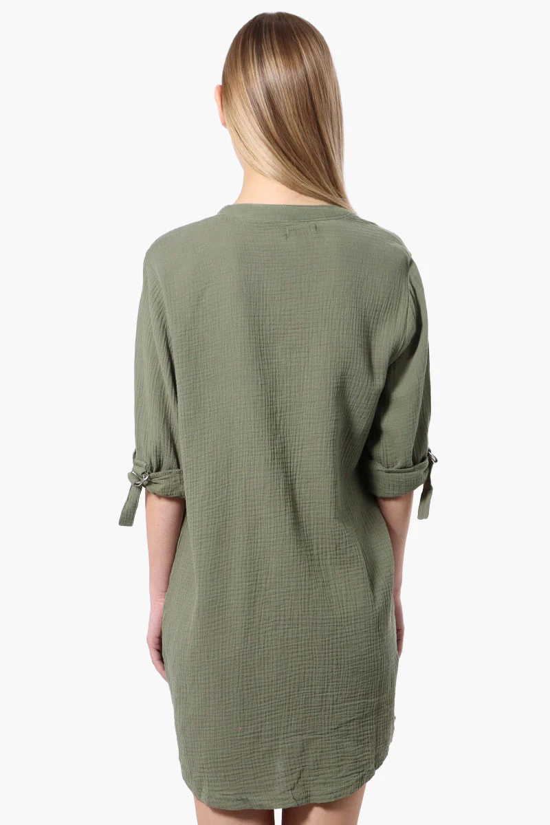 Impress Roll Up Sleeve Shirt Day Dress - Olive - Image 3