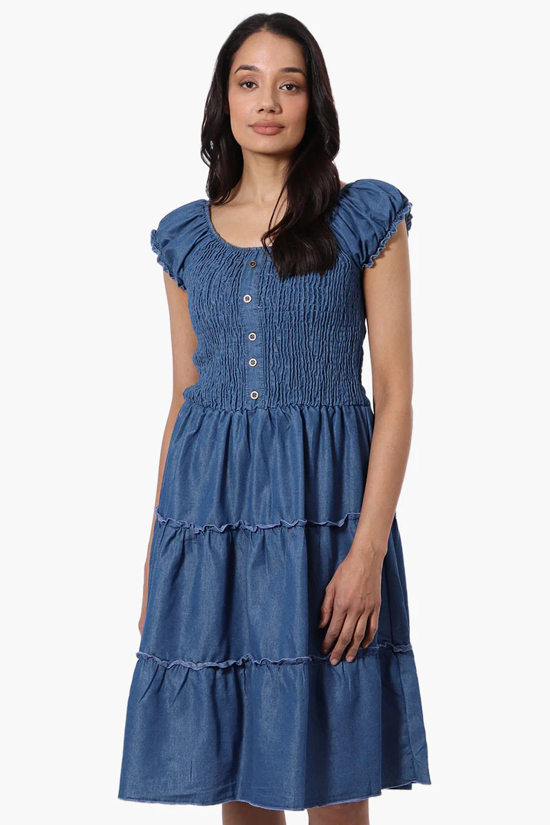 Impress Cap Sleeve Smocked Denim Day Dress - Blue