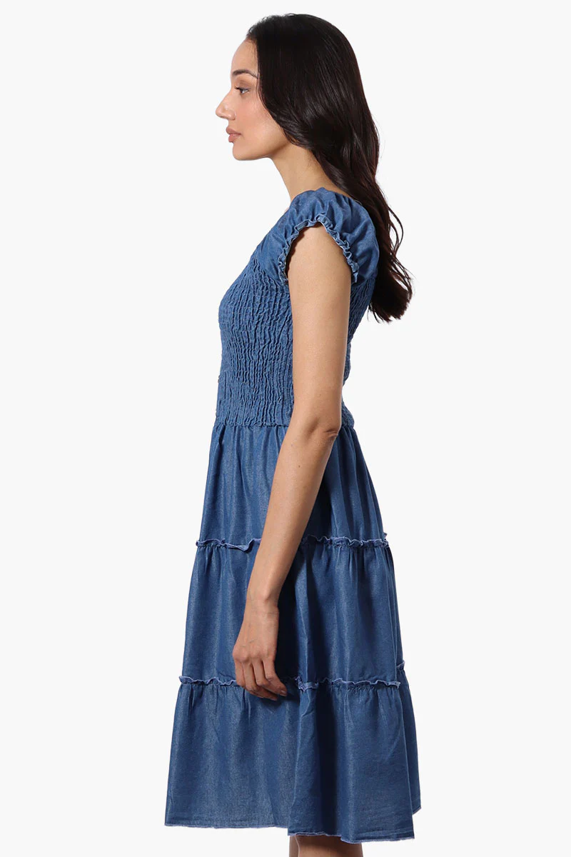 Impress Cap Sleeve Smocked Denim Day Dress - Blue - Image 2