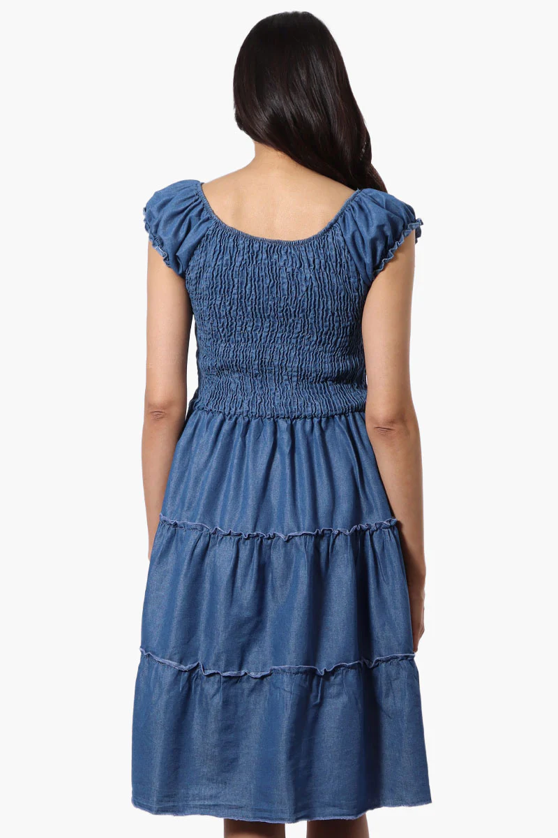 Impress Cap Sleeve Smocked Denim Day Dress - Blue - Image 3