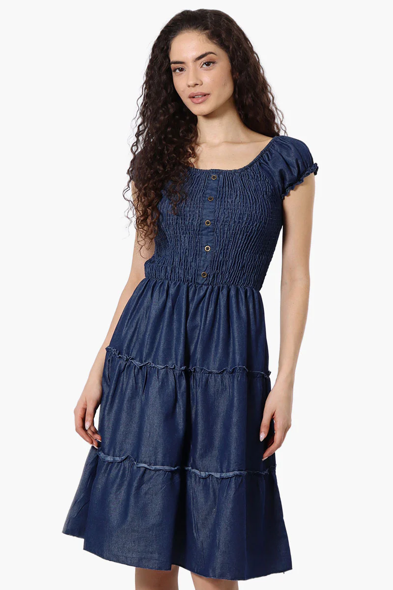 Impress Cap Sleeve Smocked Denim Day Dress - Navy