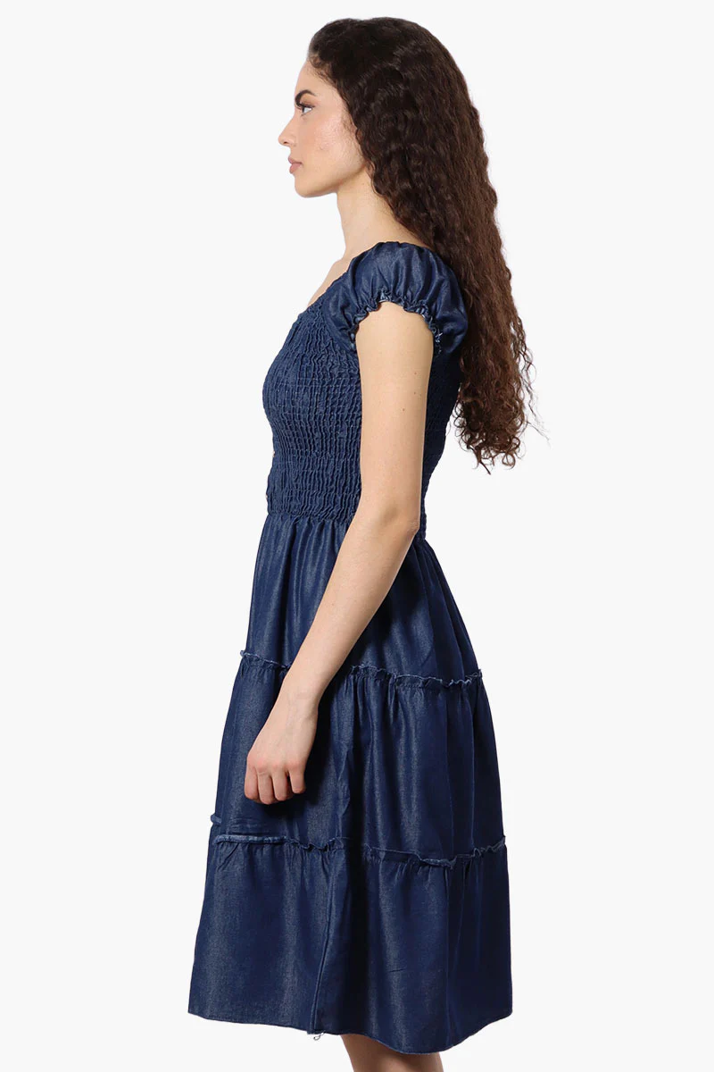 Impress Cap Sleeve Smocked Denim Day Dress - Navy - Image 2