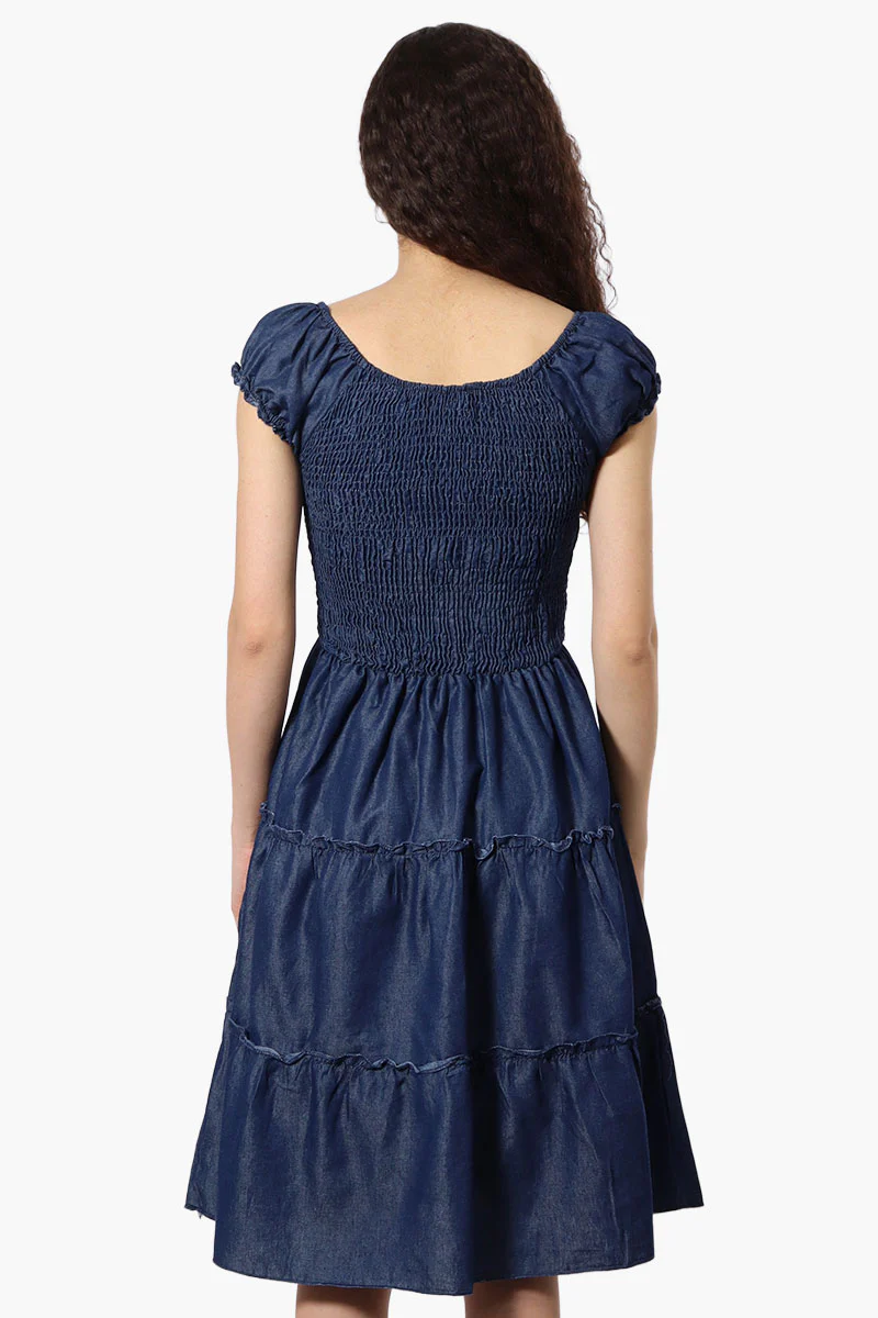 Impress Cap Sleeve Smocked Denim Day Dress - Navy - Image 3