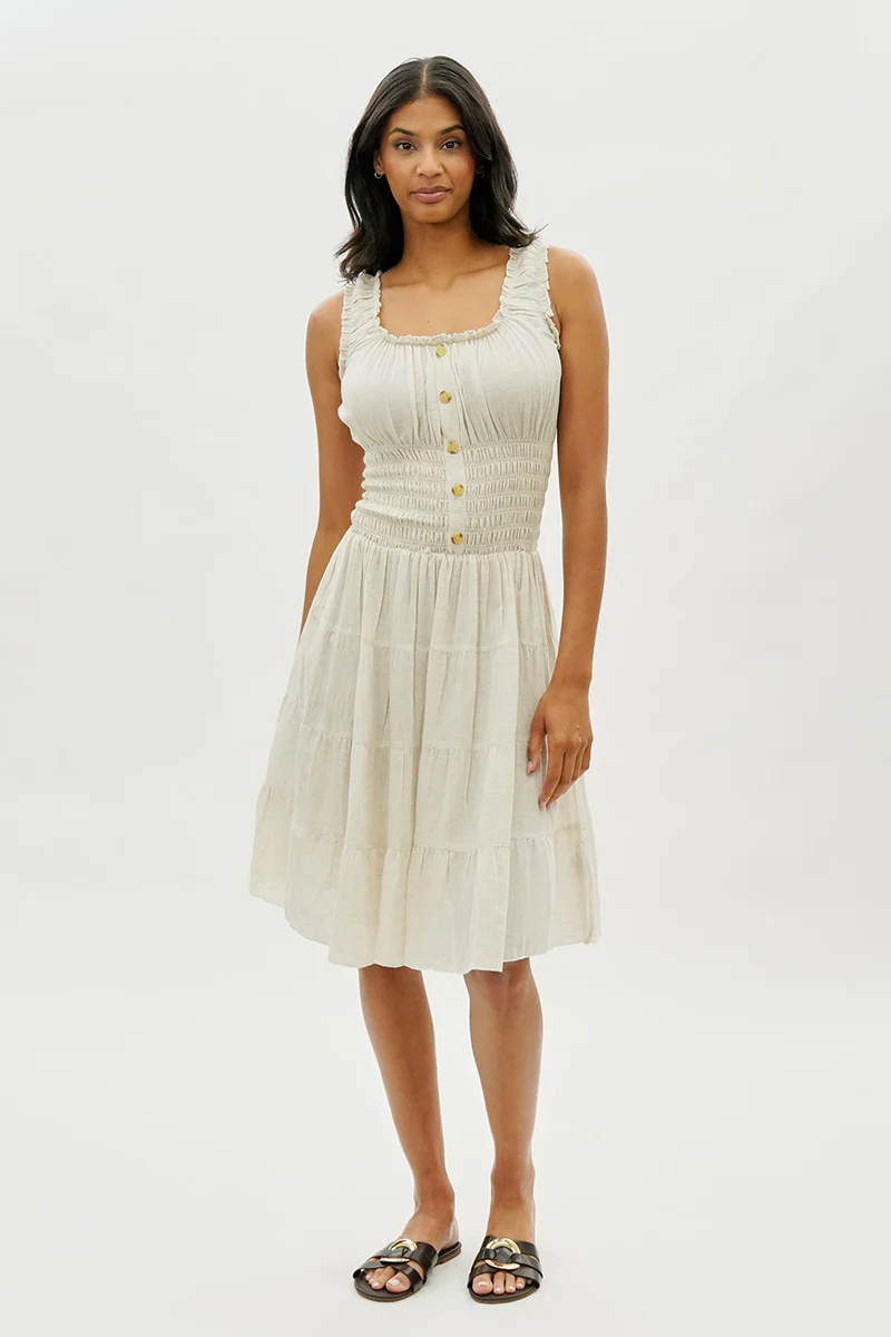 Impress Front Button Smocked Tiered Day Dress - Cream