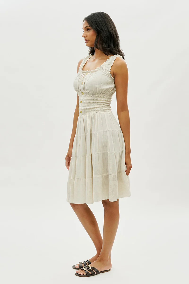 Impress Front Button Smocked Tiered Day Dress - Cream - Image 2