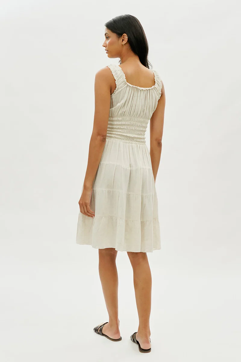 Impress Front Button Smocked Tiered Day Dress - Cream - Image 3