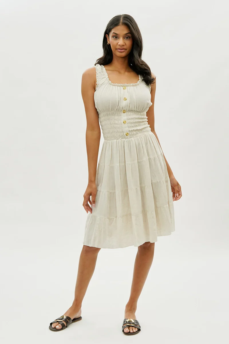 Impress Front Button Smocked Tiered Day Dress - Cream - Image 5
