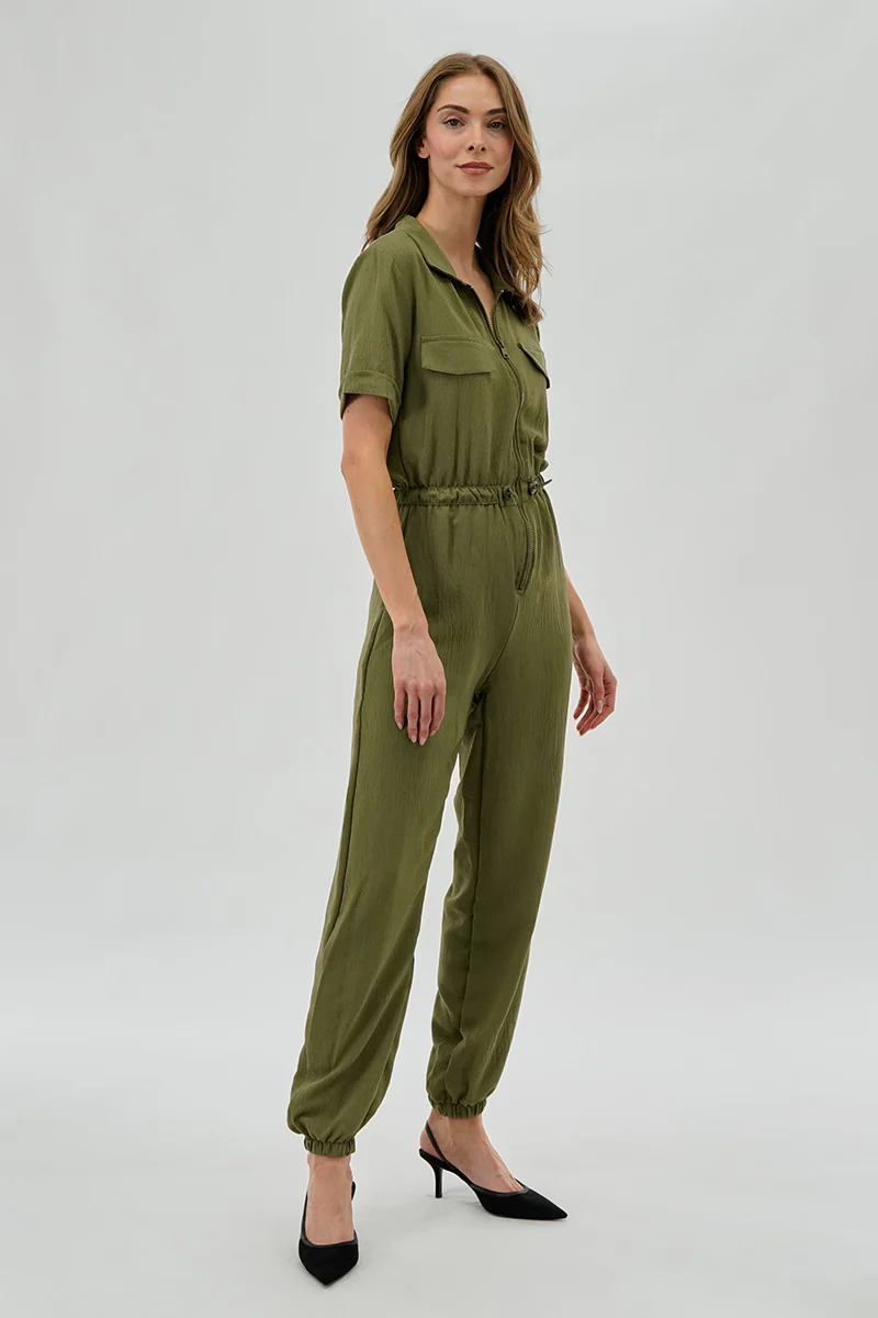 Stylexchange Vintage Zip Up Drawstring Waist Jumpsuit - Olive - Image 2