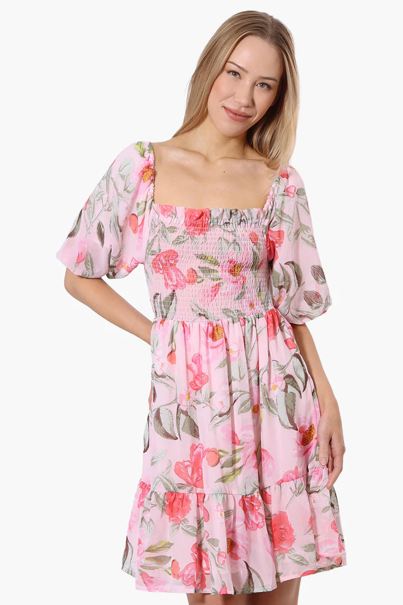 Majora Floral Puff Sleeve Smocked Day Dress - Pink
