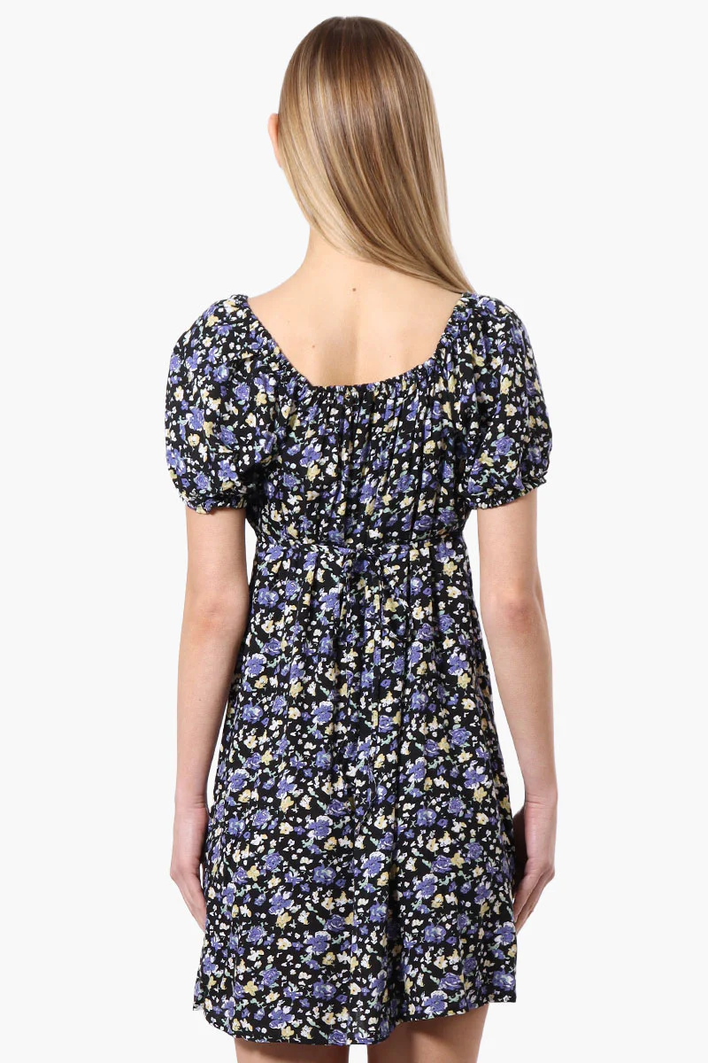 Beechers Brook Floral U Neck Short Sleeve Day Dress - Black - Image 3