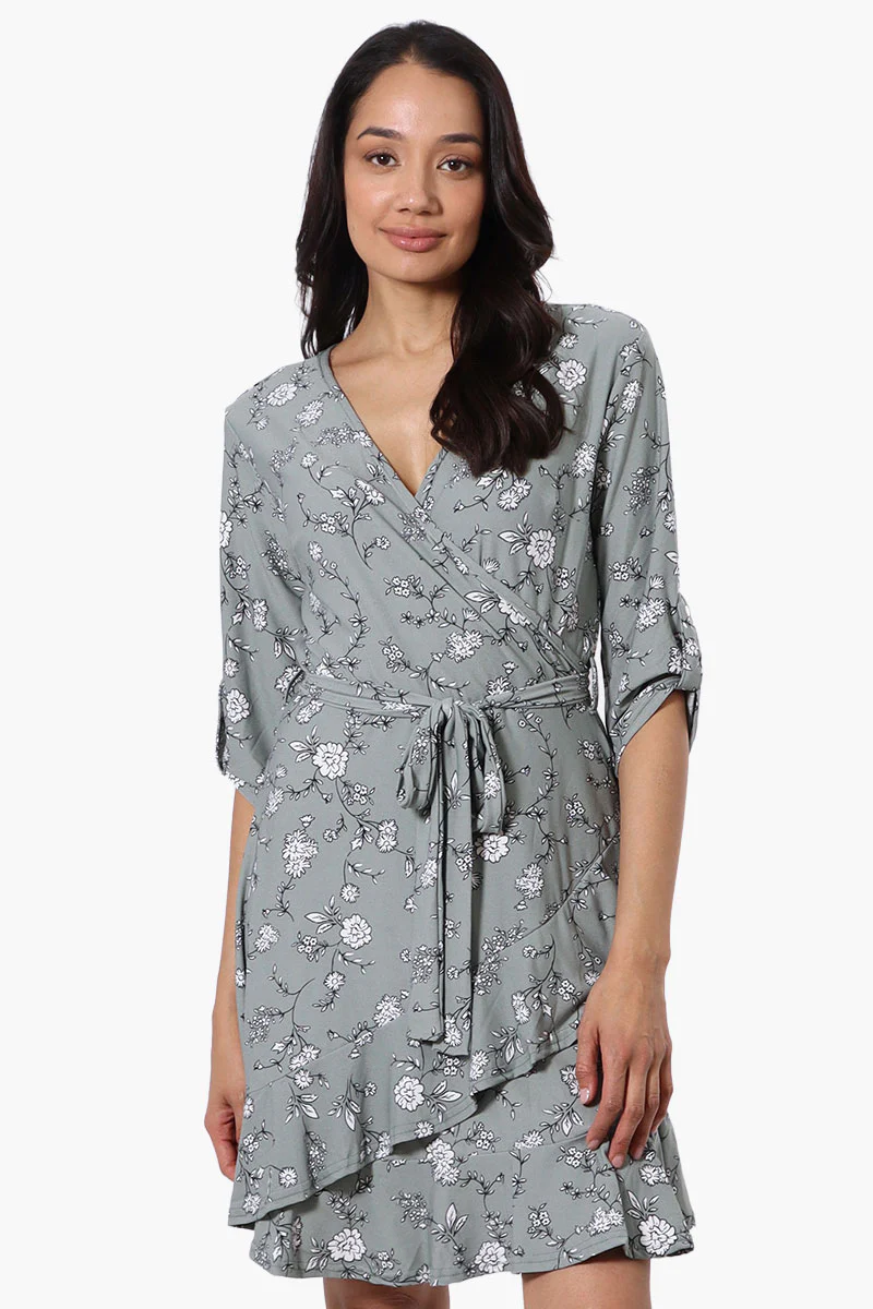 International INC Company Floral Belted Crossover Day Dress - Mint