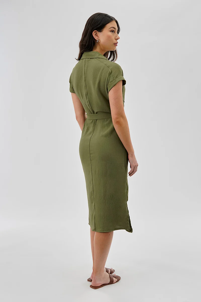Stylexchange Vintage Belted Button Up Midi Dress - Olive - Image 3
