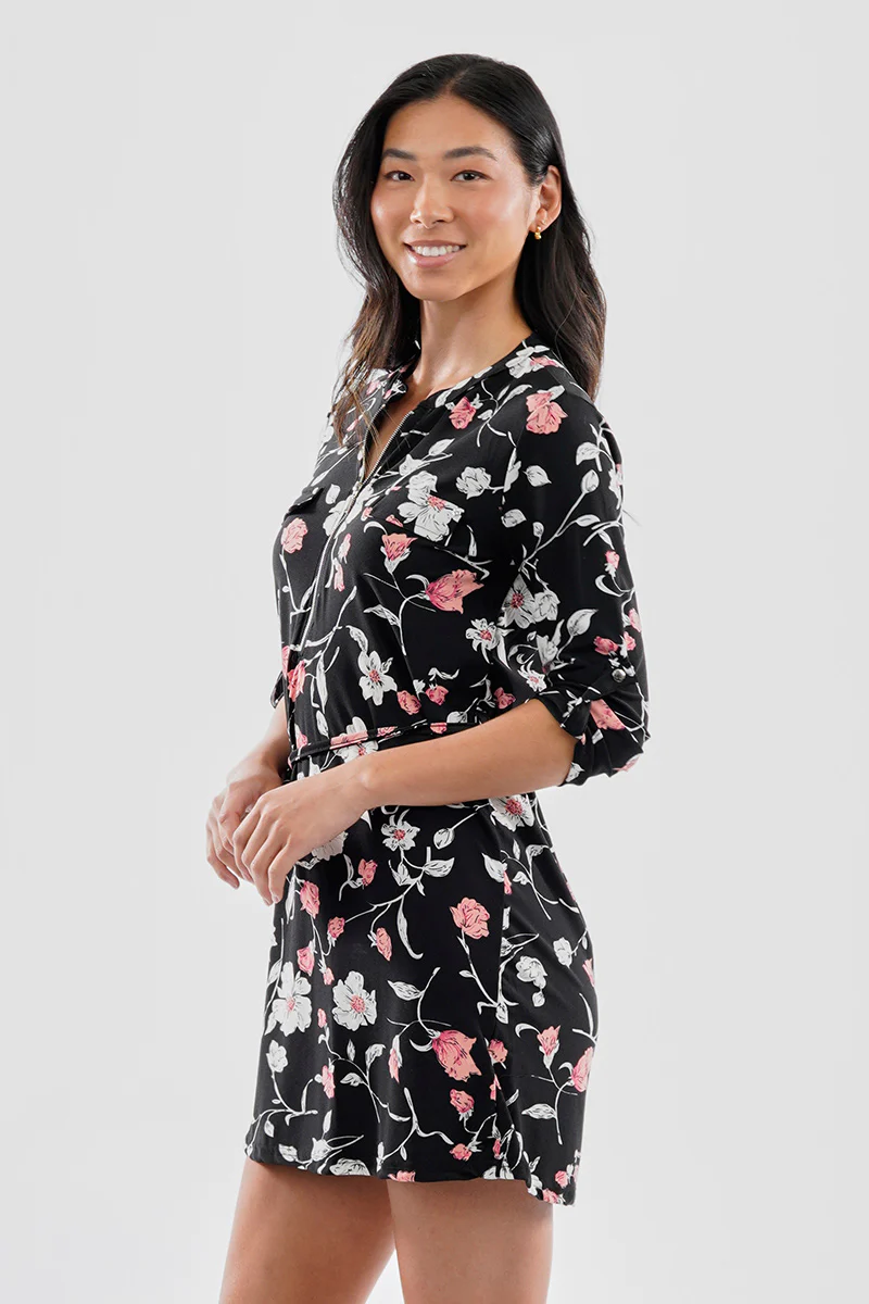 International INC Company Floral Tie Waist Half Zip Day Dress - Black - Image 2