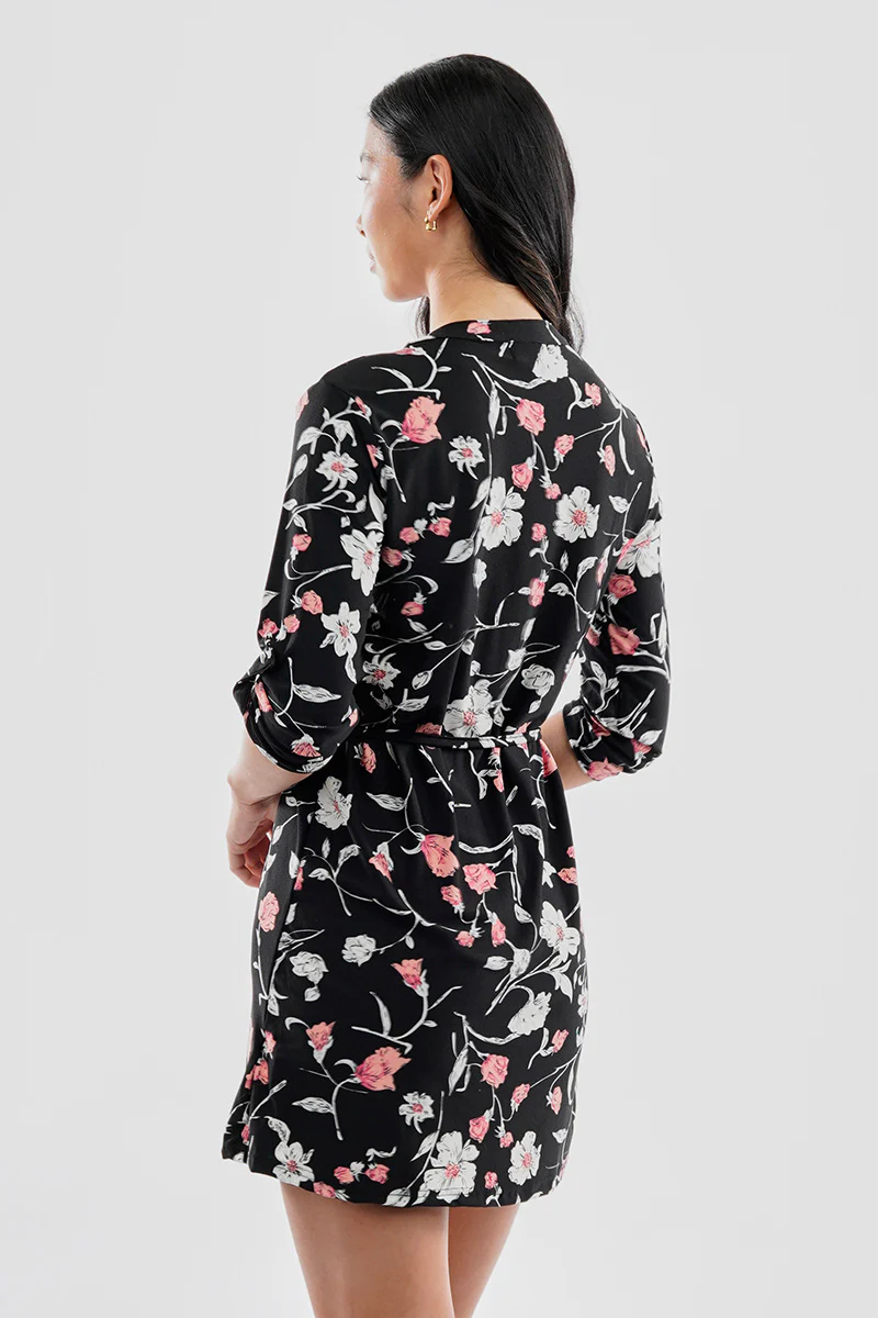 International INC Company Floral Tie Waist Half Zip Day Dress - Black - Image 3