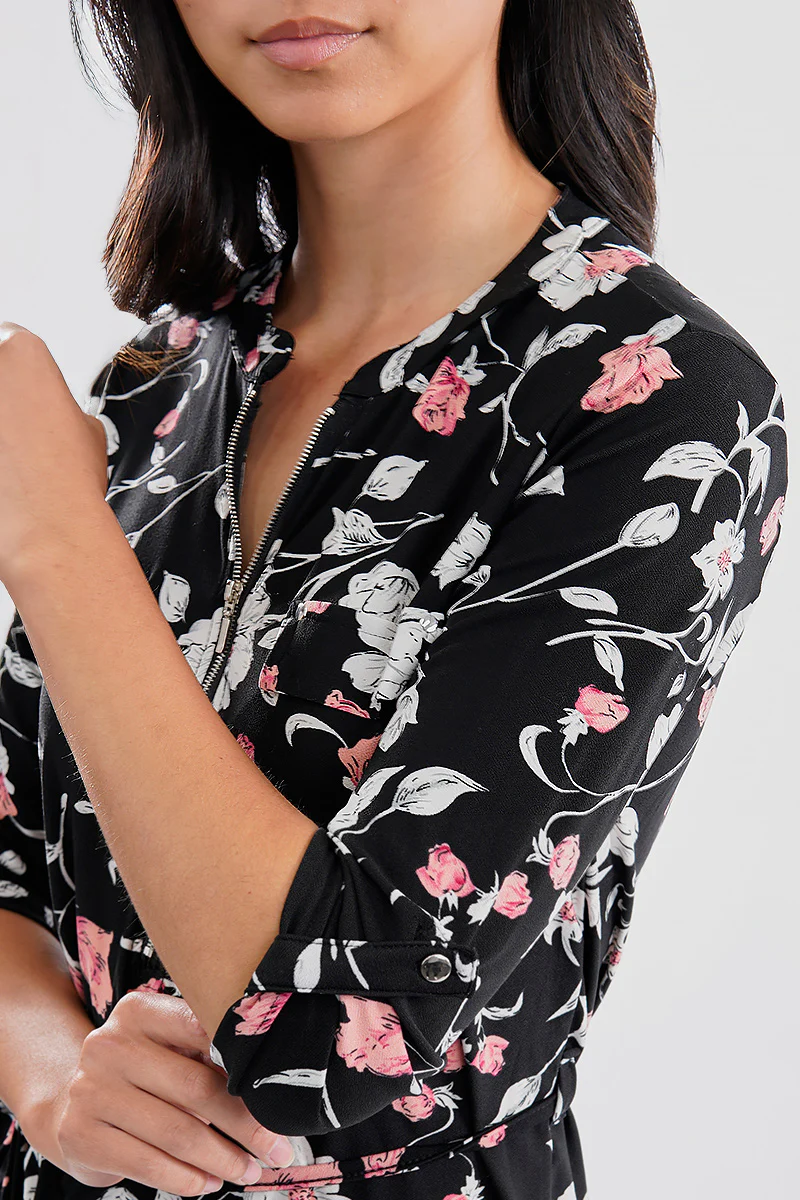 International INC Company Floral Tie Waist Half Zip Day Dress - Black - Image 4