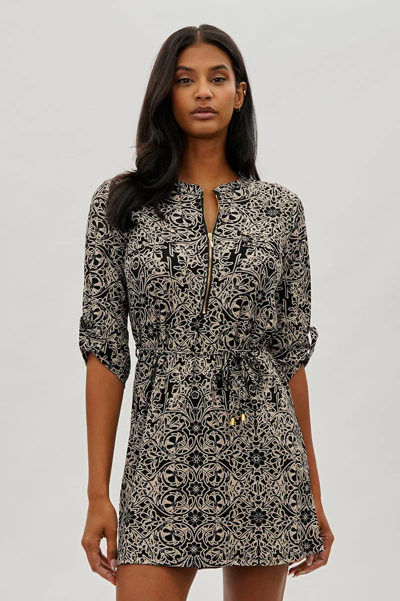 Beechers Brook Baroque Print Tie Waist Half Zip Day Dress - Black