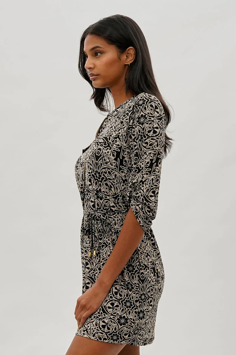 Beechers Brook Baroque Print Tie Waist Half Zip Day Dress - Black - Image 2