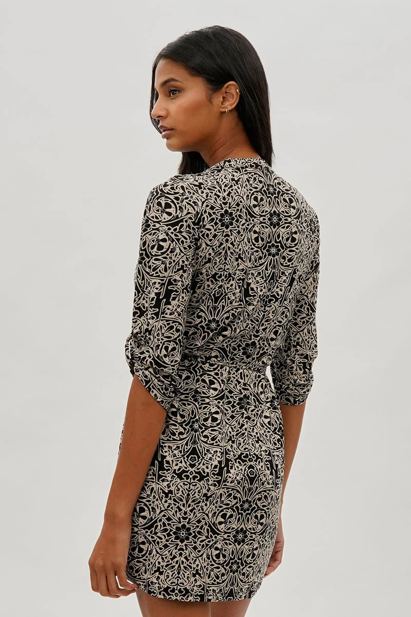 Beechers Brook Baroque Print Tie Waist Half Zip Day Dress - Black - Image 3