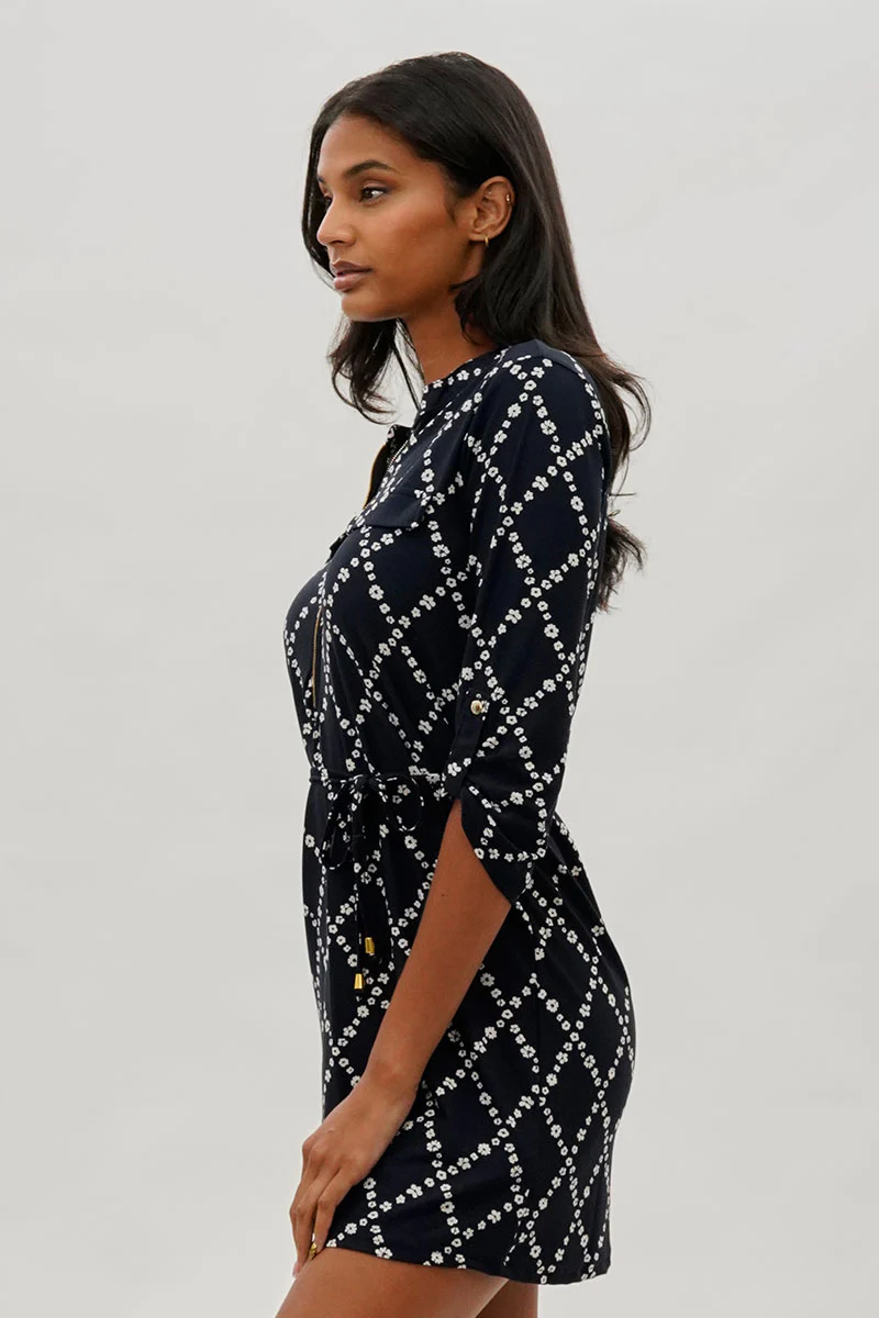 Beechers Brook Floral Tie Waist Half Zip Day Dress - Navy - Image 2