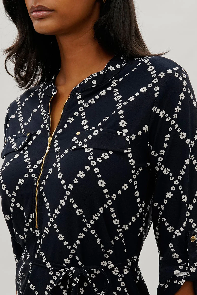 Beechers Brook Floral Tie Waist Half Zip Day Dress - Navy - Image 4