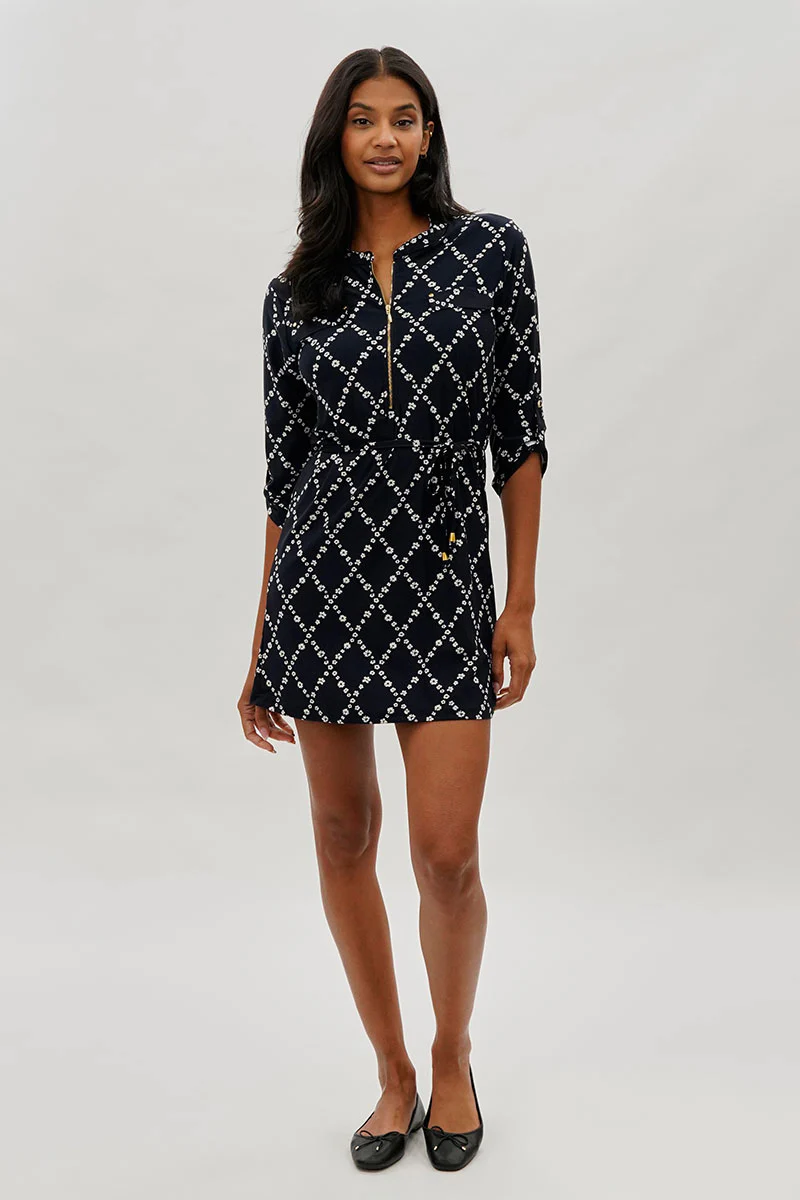 Beechers Brook Floral Tie Waist Half Zip Day Dress - Navy - Image 5