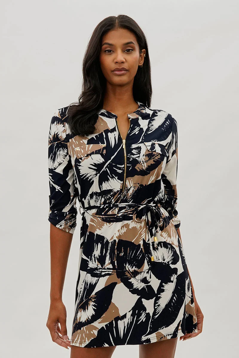 Beechers Brook Leaf Print Tie Waist Half Zip Day Dress - Navy
