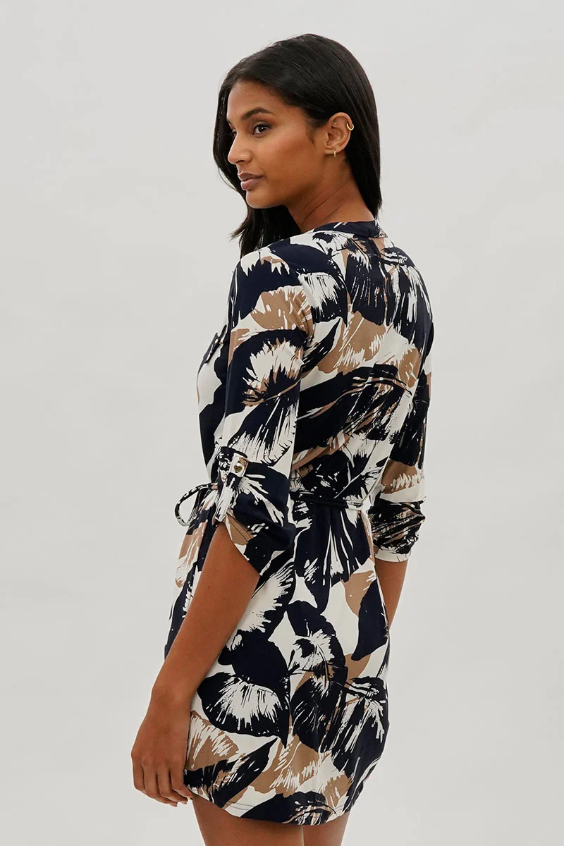 Beechers Brook Leaf Print Tie Waist Half Zip Day Dress - Navy - Image 3