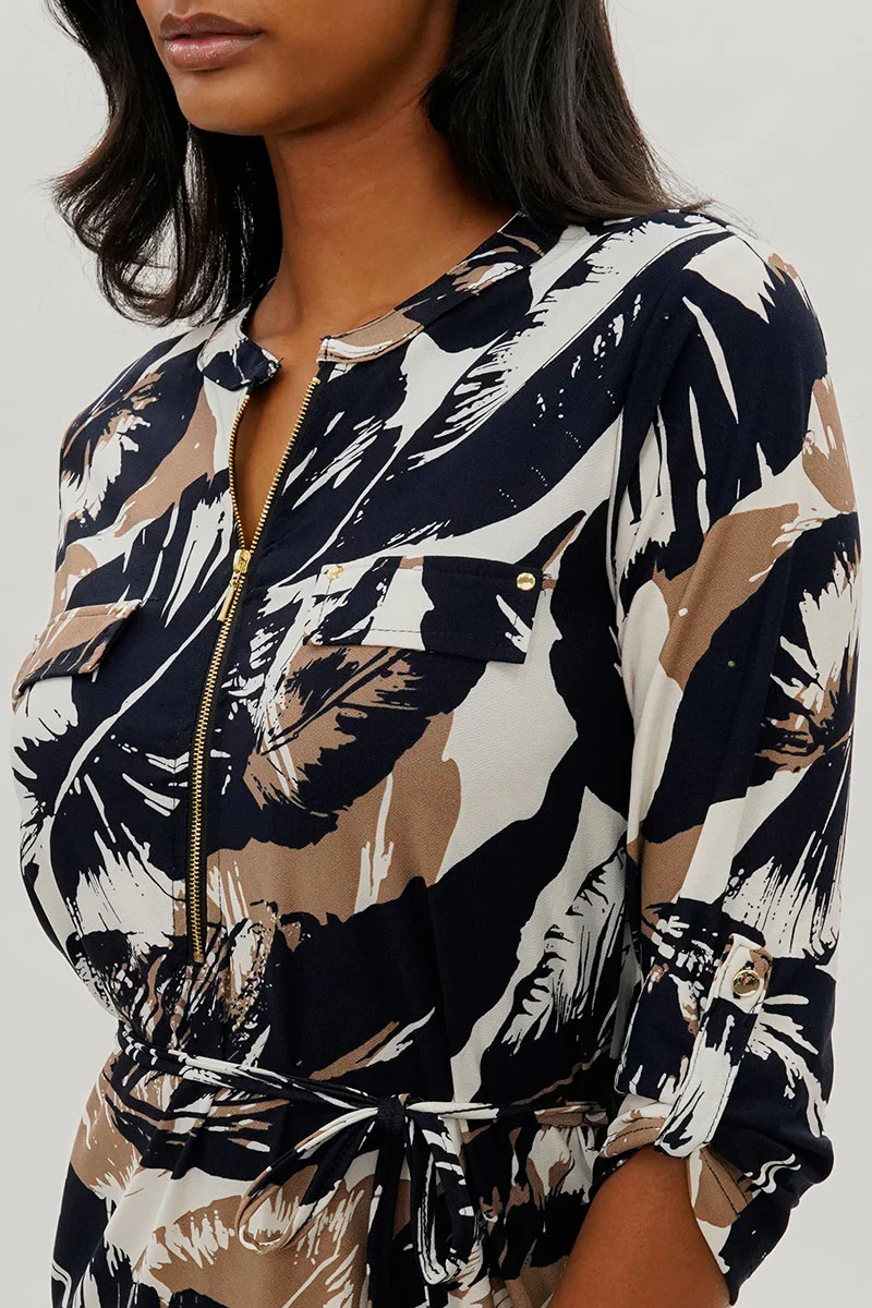 Beechers Brook Leaf Print Tie Waist Half Zip Day Dress - Navy - Image 4
