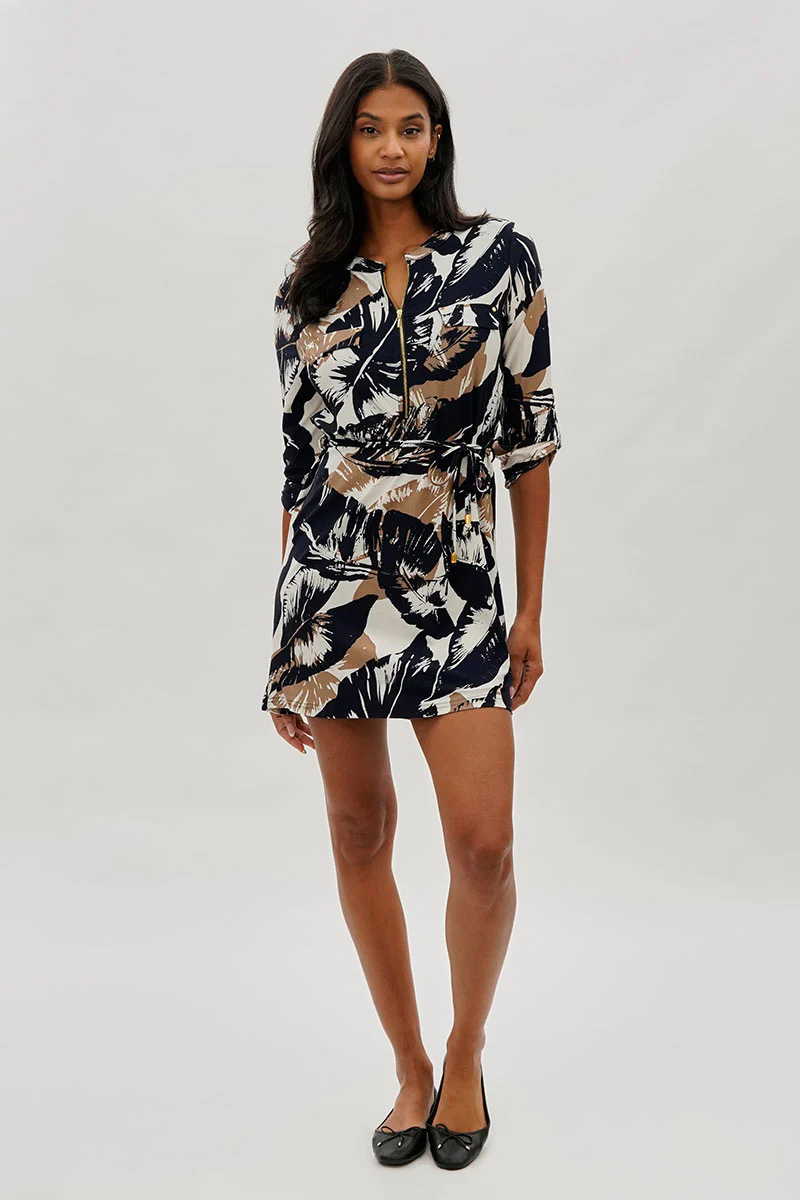 Beechers Brook Leaf Print Tie Waist Half Zip Day Dress - Navy - Image 5