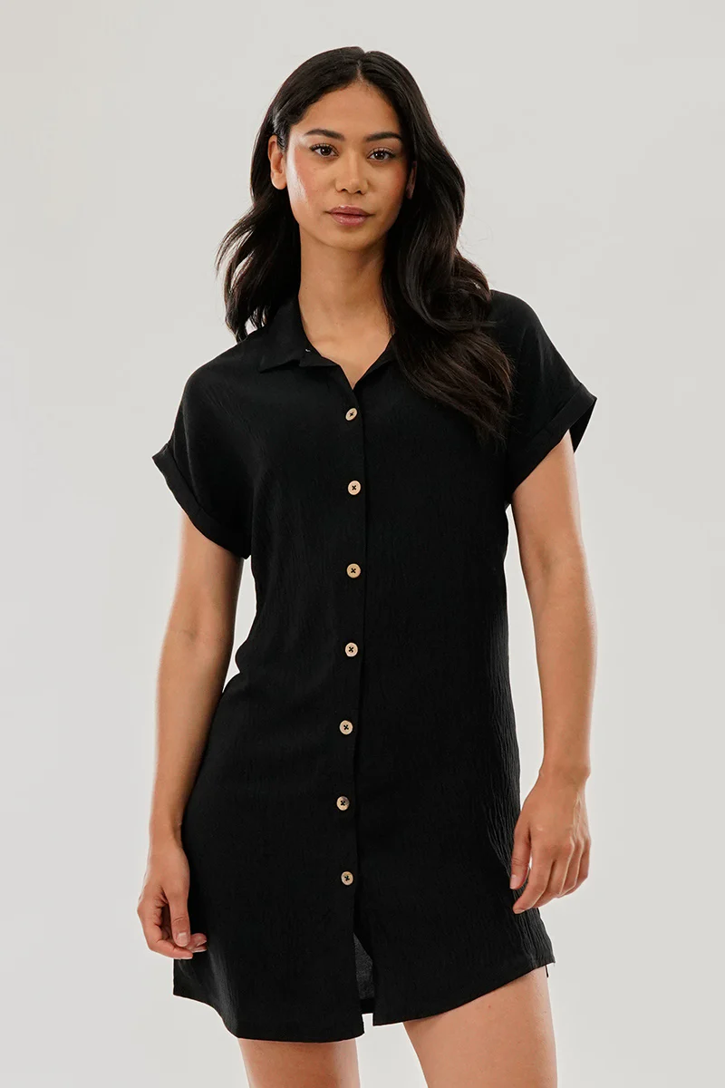 Stylexchange Vintage Button Up Short Sleeve Day Dress - Black