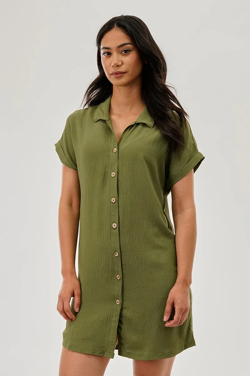 Stylexchange Vintage Button Up Short Sleeve Day Dress - Olive