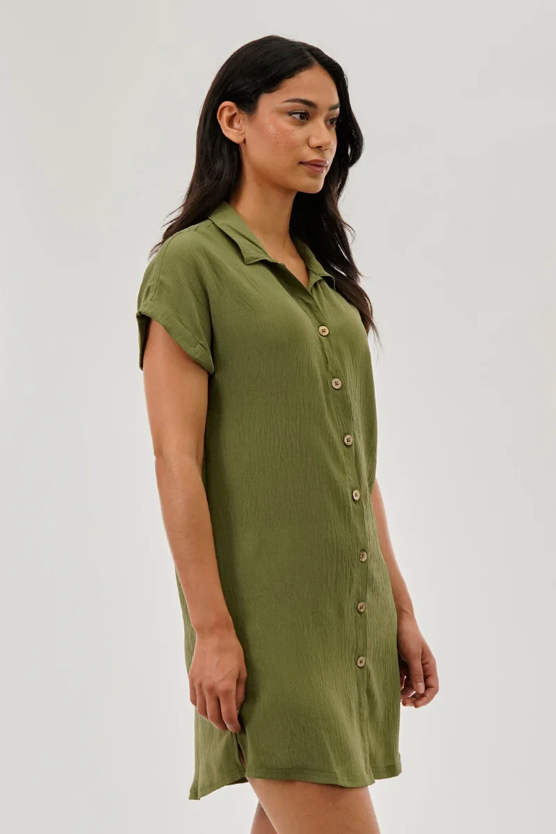 Stylexchange Vintage Button Up Short Sleeve Day Dress - Olive - Image 2