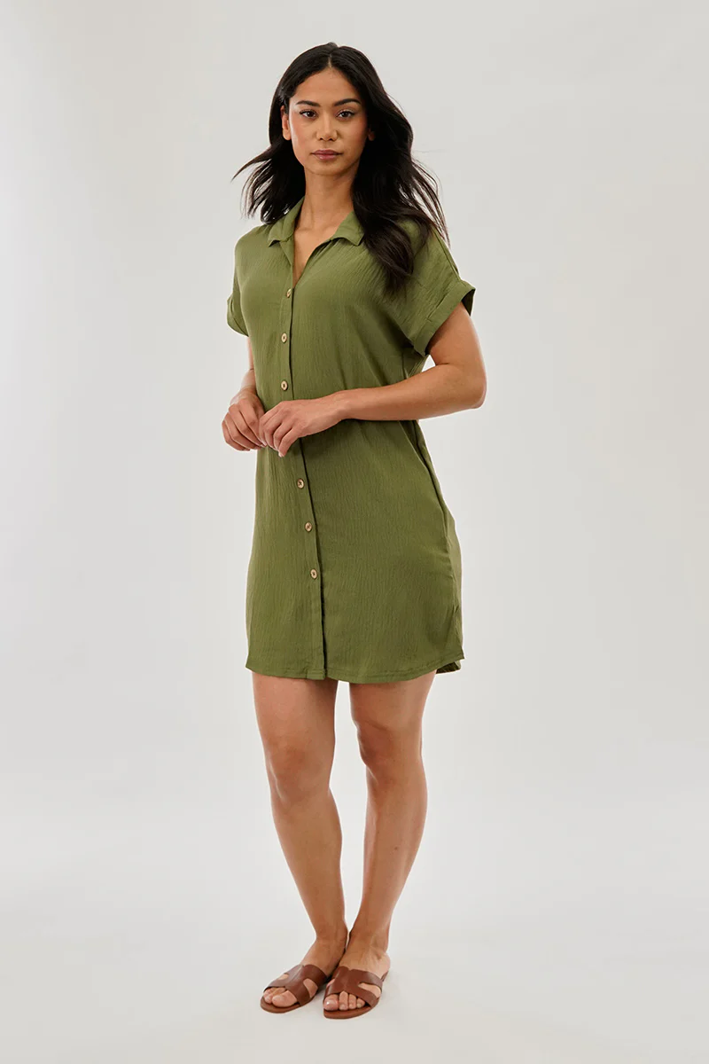 Stylexchange Vintage Button Up Short Sleeve Day Dress - Olive - Image 5