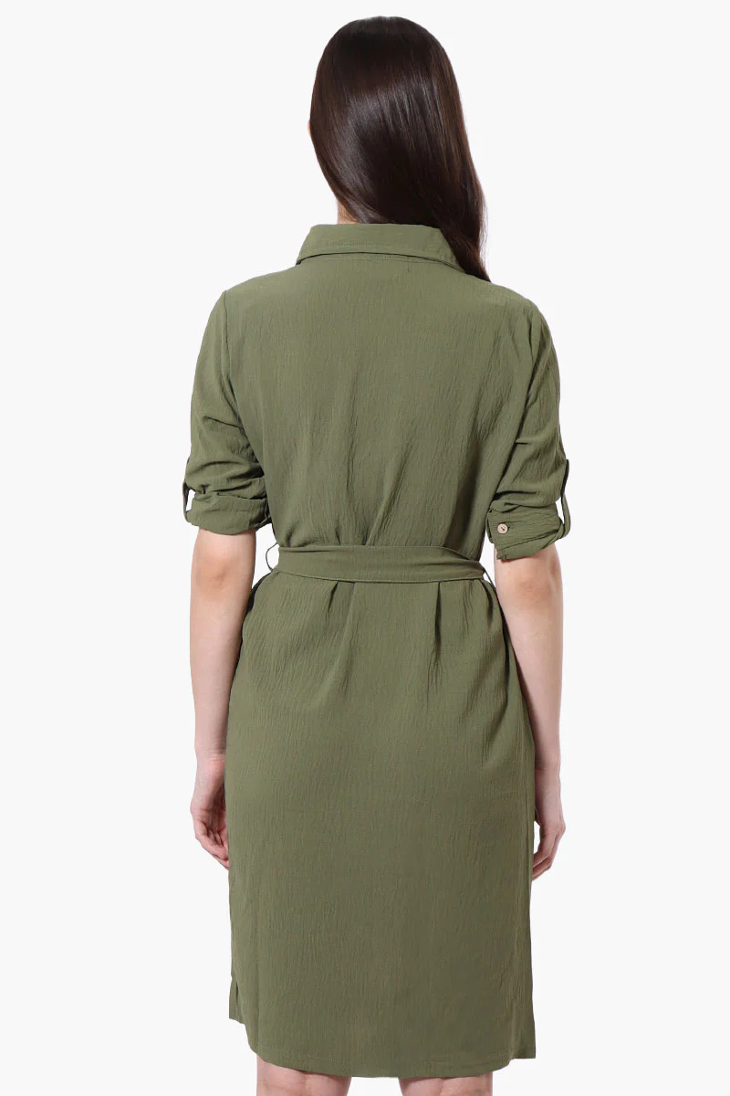 Stylexchange Vintage Belted Roll Up Sleeve Day Dress - Olive - Image 3