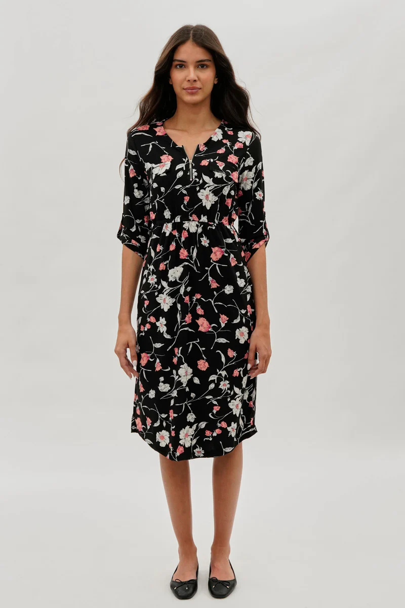 International INC Company Floral Front Zip Midi Dress - Black